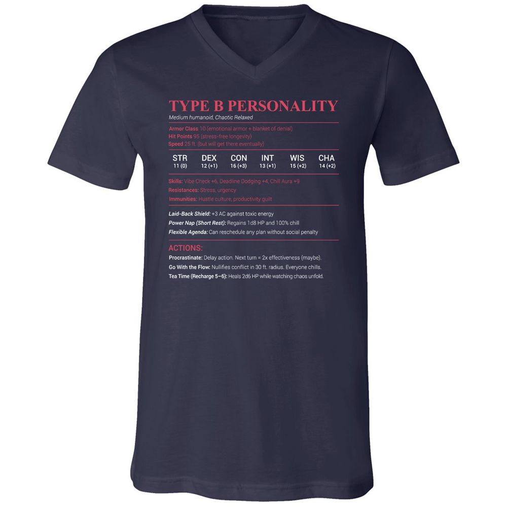 Type B Stats Unisex V-Neck T-Shirt - Navy - 2