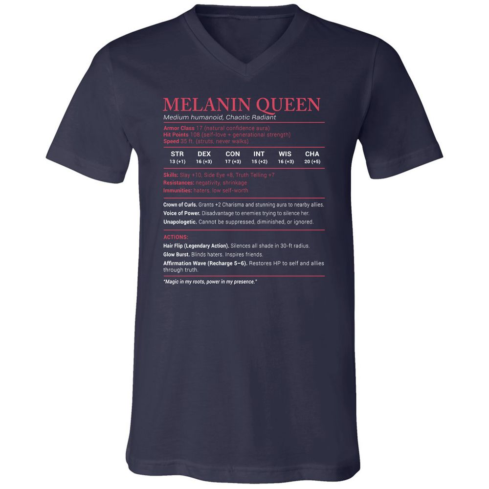 Melanin Queen Stats Unisex V-Neck T-Shirt - Navy - 2