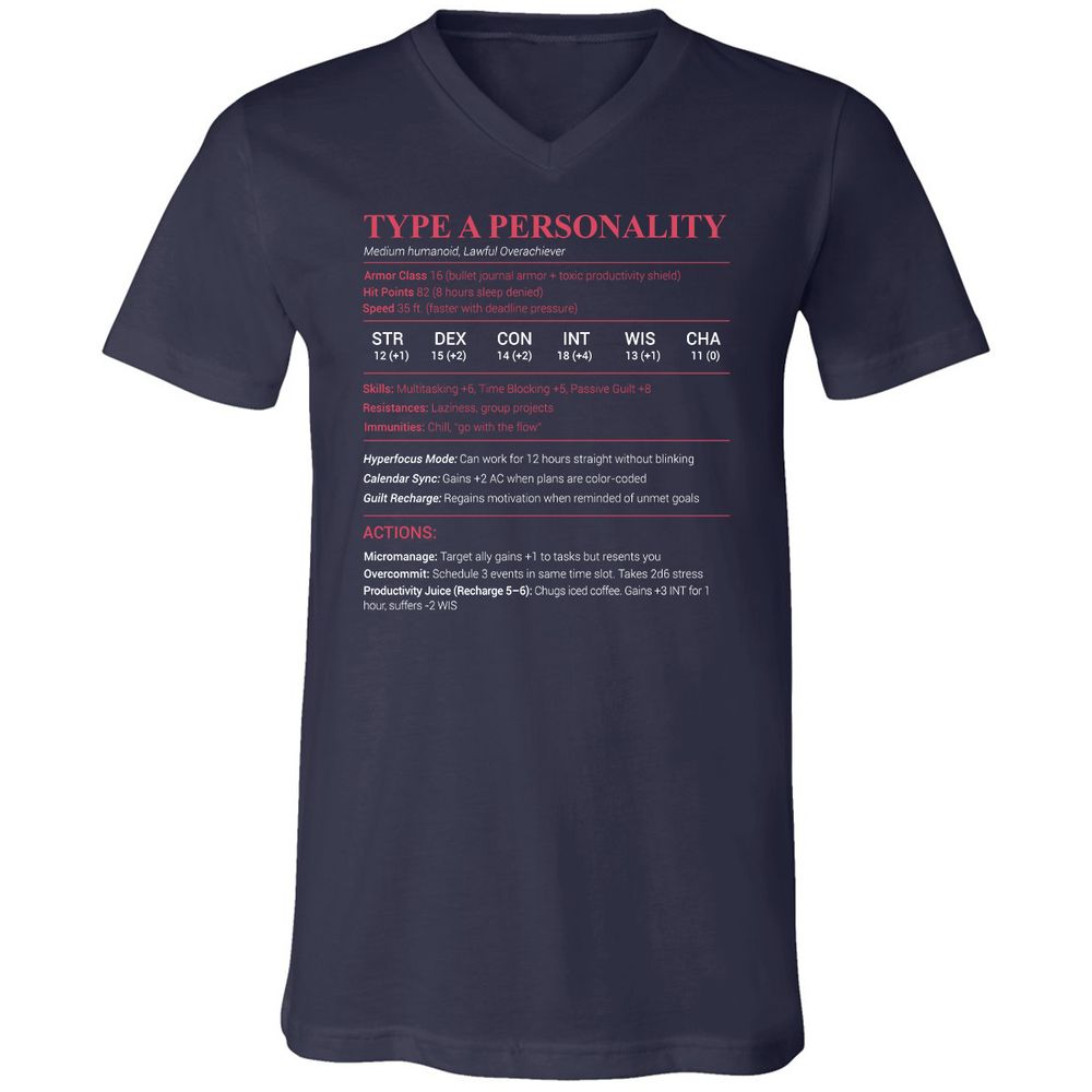 Type A Stats Unisex V-Neck T-Shirt - Navy - 2