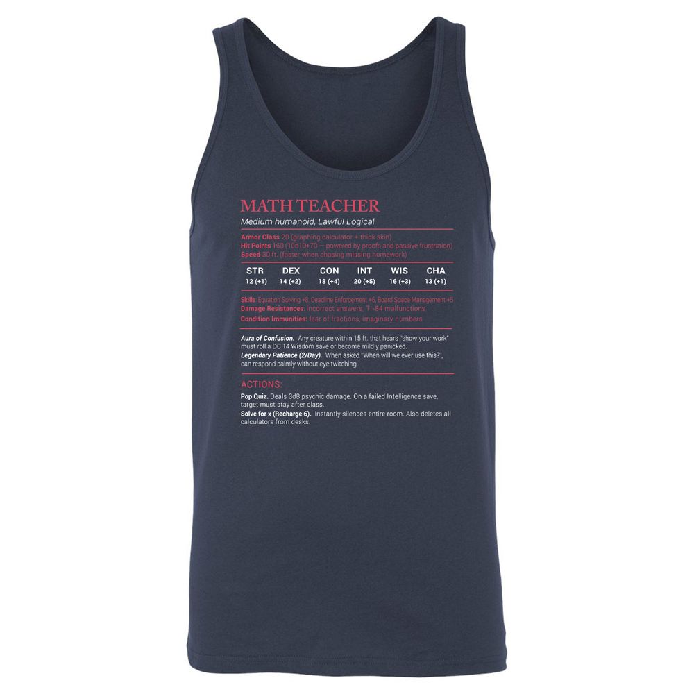 Math Teacher Stats Unisex Jersey Tank - Navy - 2