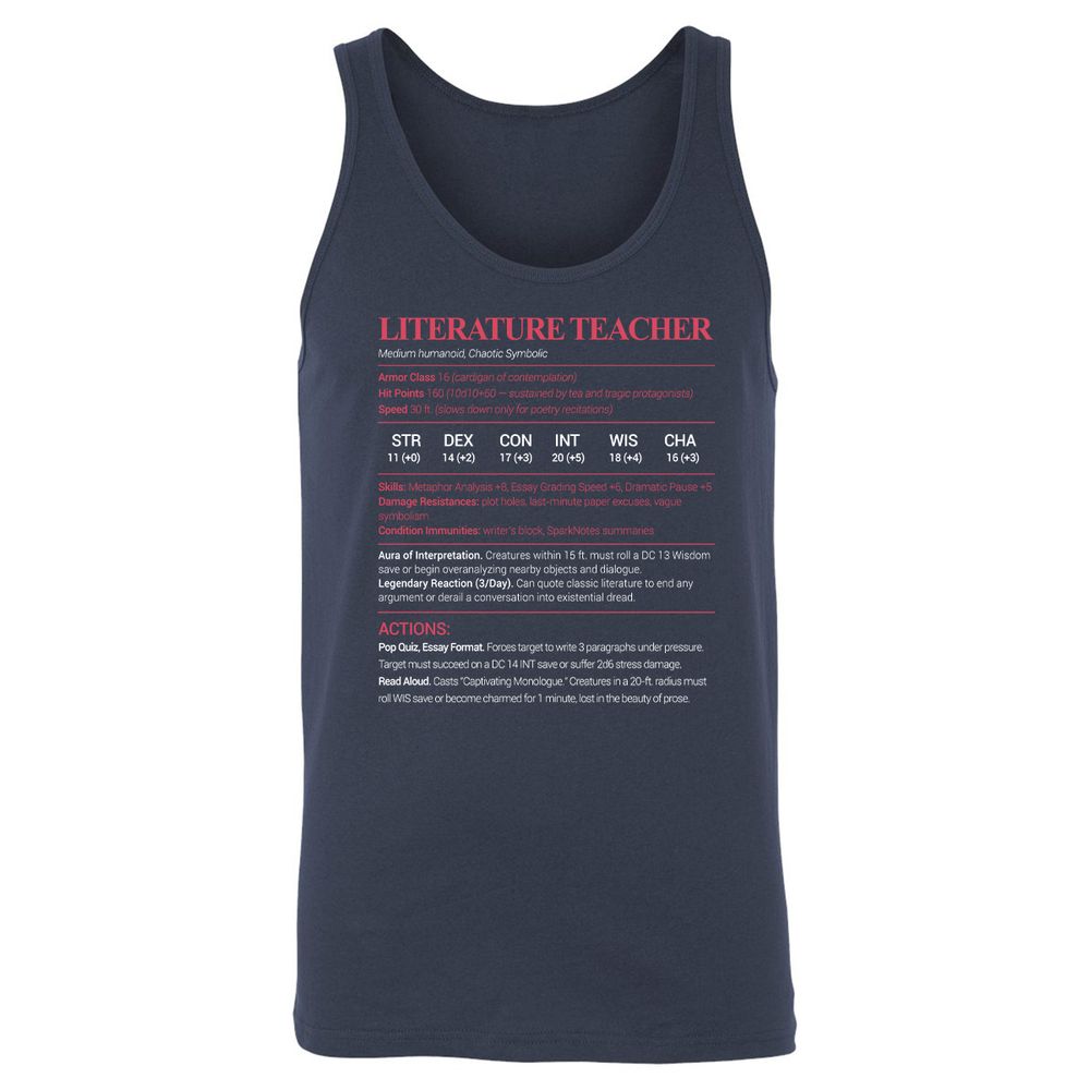 Literature Teacher Unisex Jersey Tank - Navy - 2