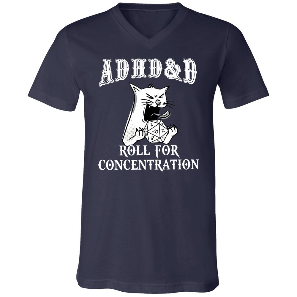 Cat ADHD&D Roll For Concentration Unisex V-Neck T-Shirt - Navy - 2