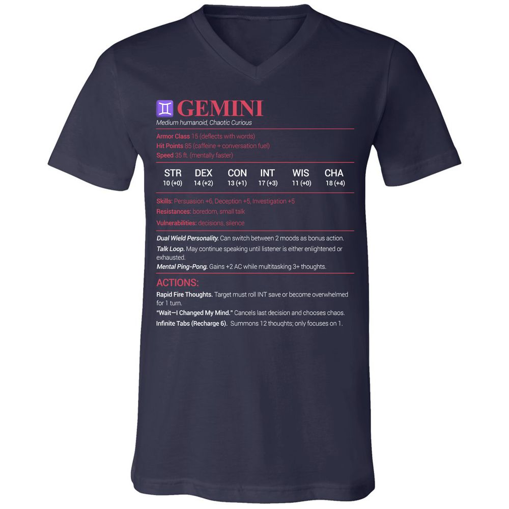 Gemini Stats Unisex V-Neck T-Shirt - Navy - 2