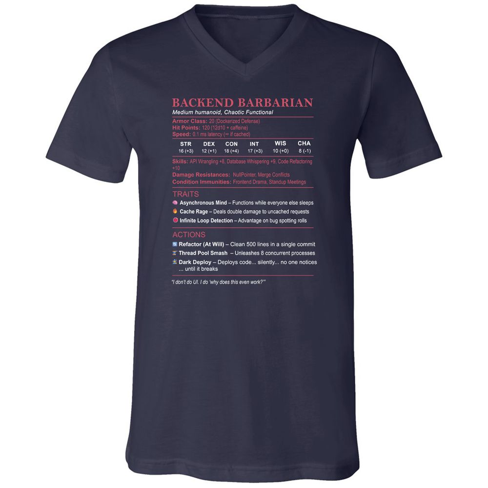 Backend Barbarian Stats Unisex V-Neck T-Shirt - Navy - 2
