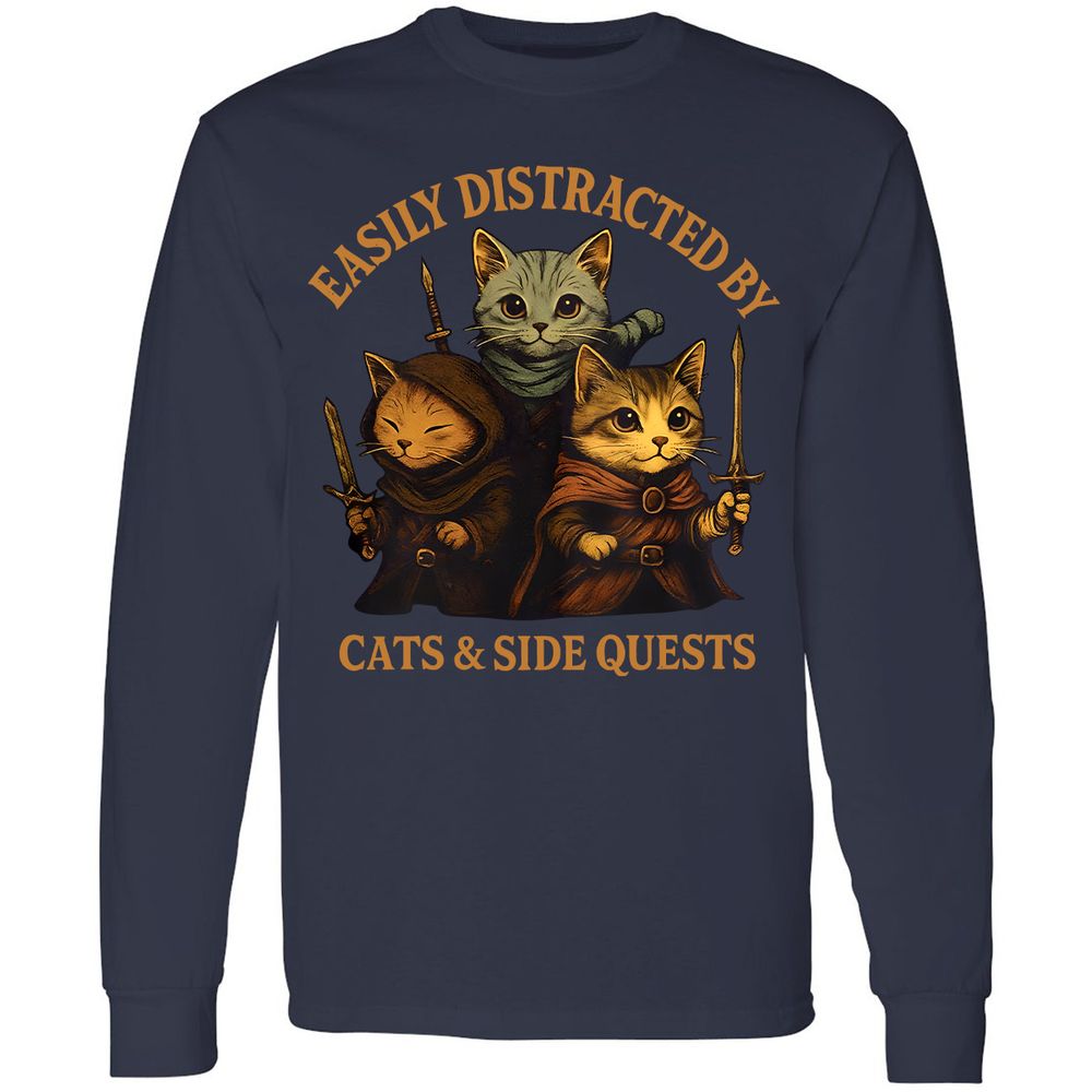 Easily Distracted By Cats & Side Quests Long Sleeve T-Shirt - Navy - 2
