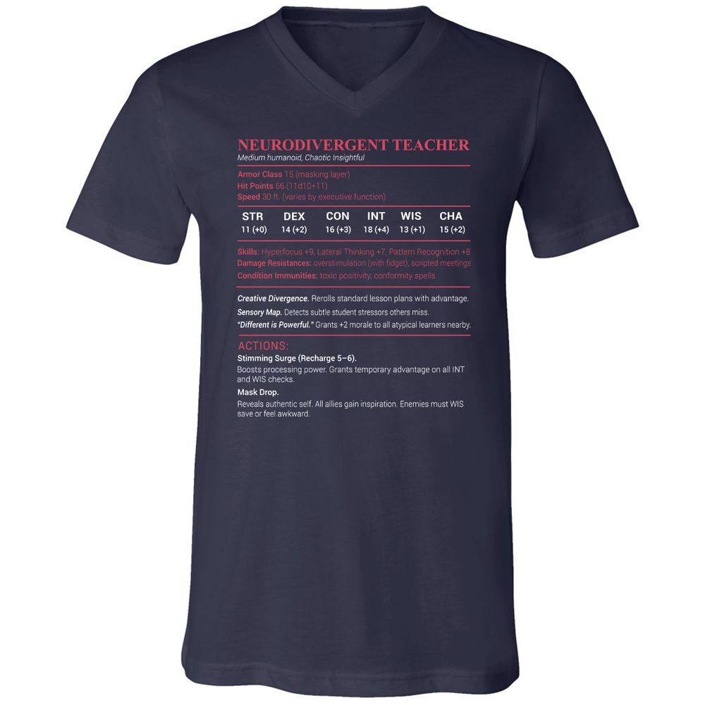 Neurodivergent Teacher Stats Unisex V-Neck T-Shirt - Navy - 2
