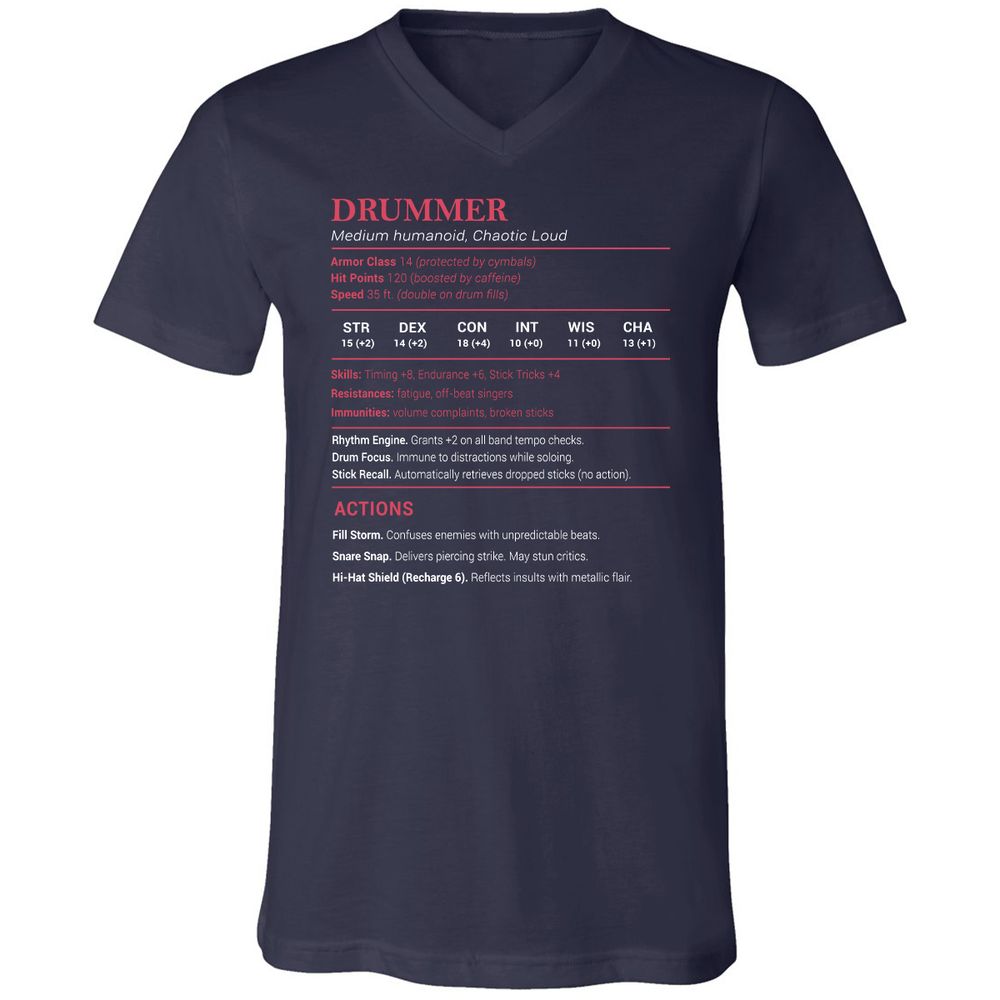 Drummer Stats Unisex V-Neck T-Shirt - Navy - 2