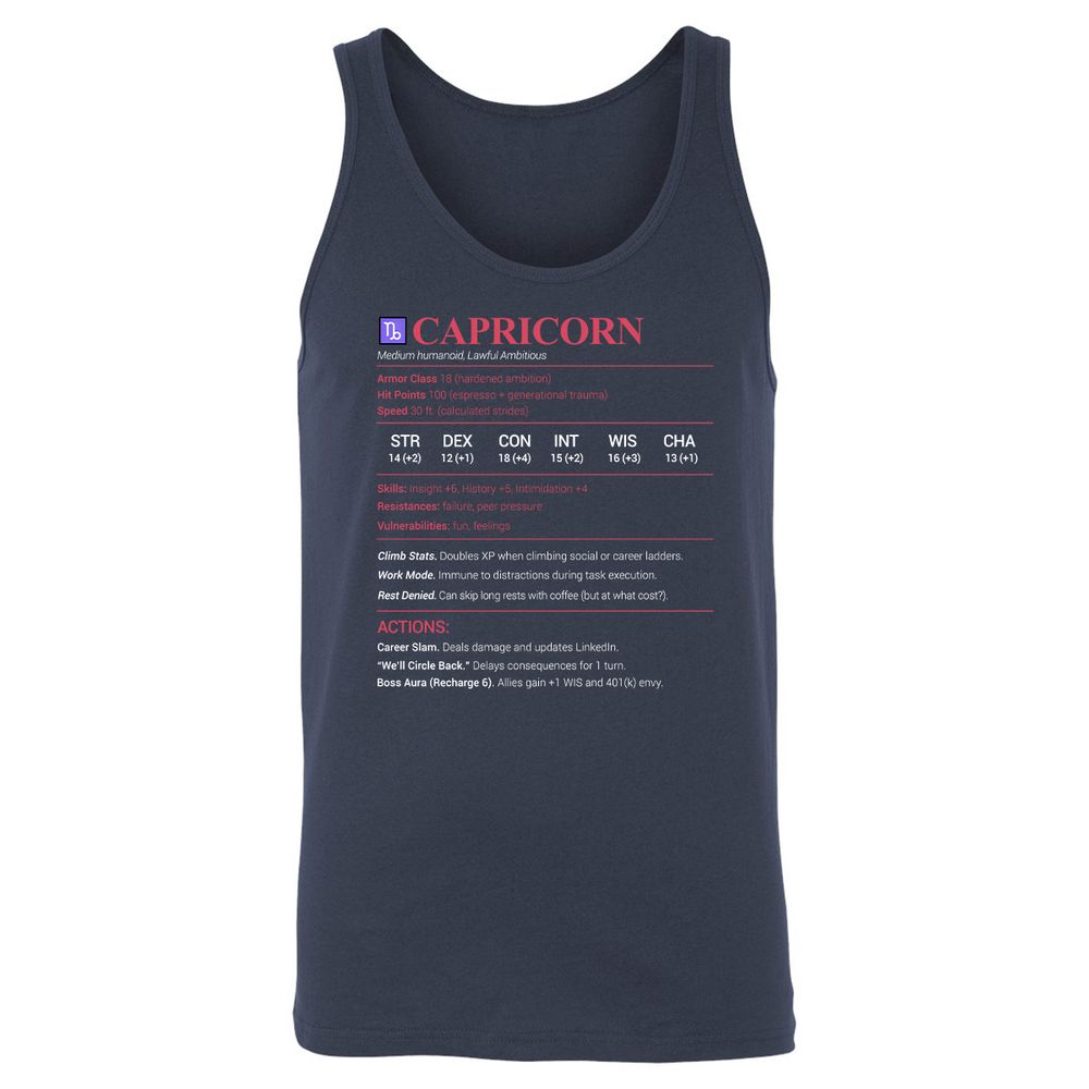 Capricorn Stats Unisex Jersey Tank - Navy - 2