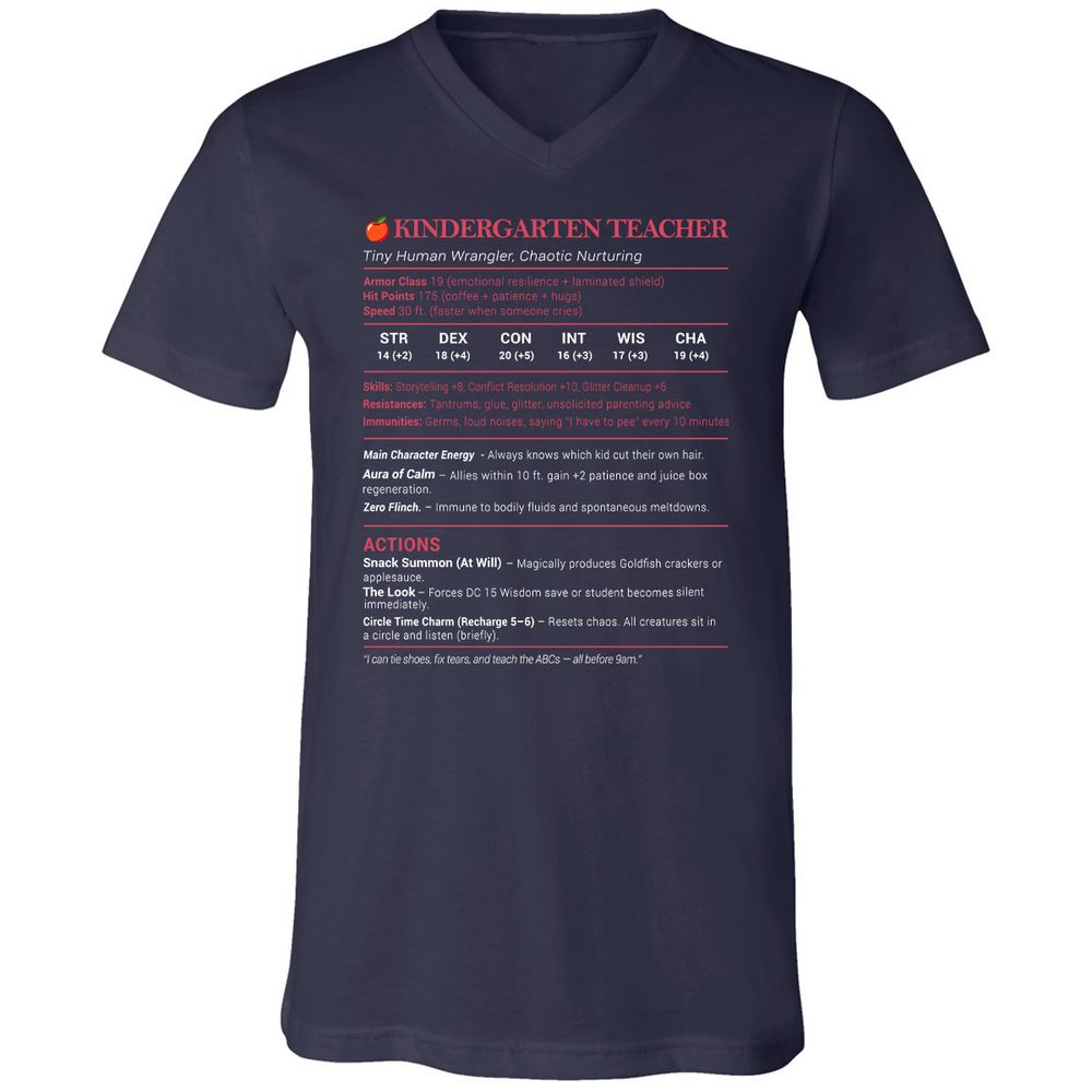 Kindergarten Teacher Stats Unisex V-Neck T-Shirt - Navy - 2