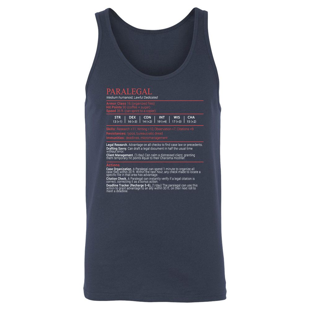 Paralegal Stats Block Unisex Jersey Tank - Navy - 2
