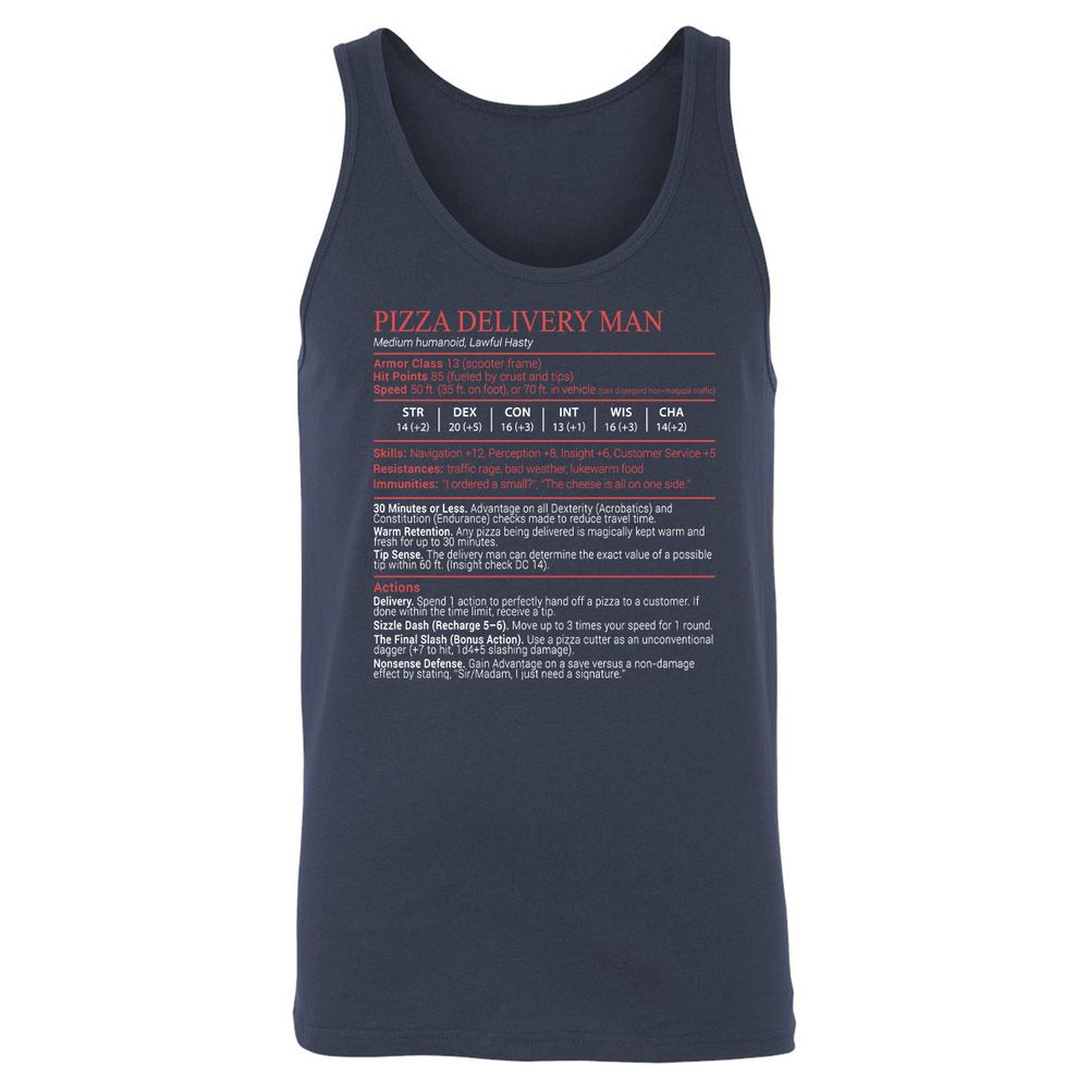 Pizza Delivery Man Stats Block Unisex Jersey Tank - Navy - 2