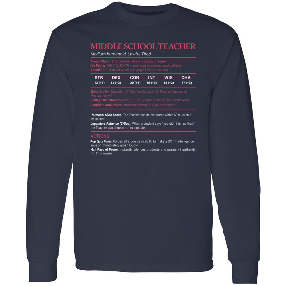 Middle School Teacher Stats Long Sleeve T-Shirt - Navy - 2