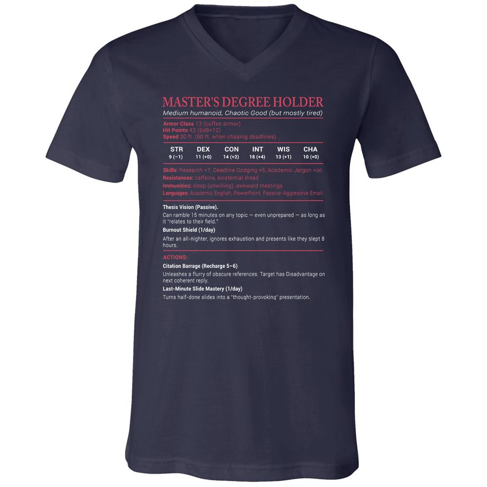 Master Degree's Holder Stats Unisex V-Neck T-Shirt - Navy - 2