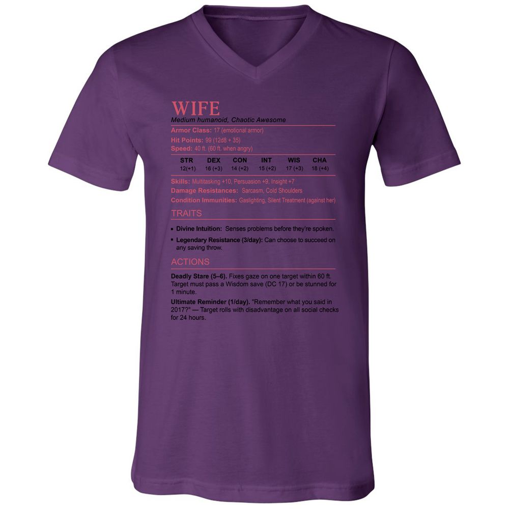 Wife Stats 2 Unisex V-Neck T-Shirt - Team Purple - 2