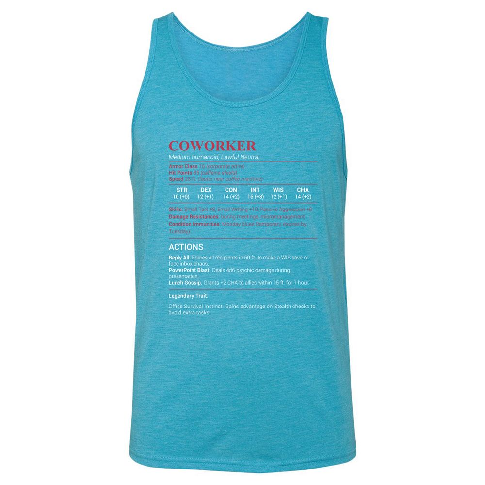 Coworker Stats Unisex Jersey Tank - Aqua Triblend - 3