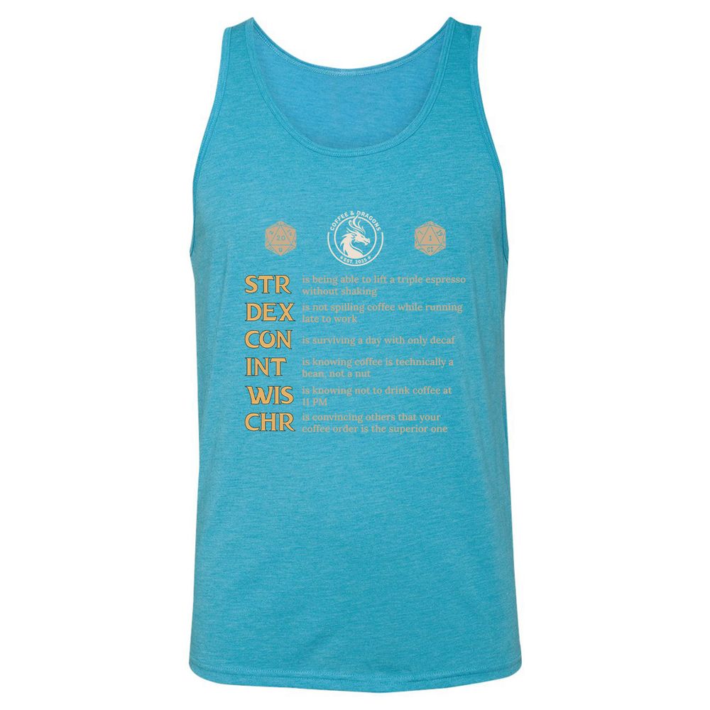 Coffee & Dragons RPG Stats Unisex Jersey Tank - Aqua Triblend - 3