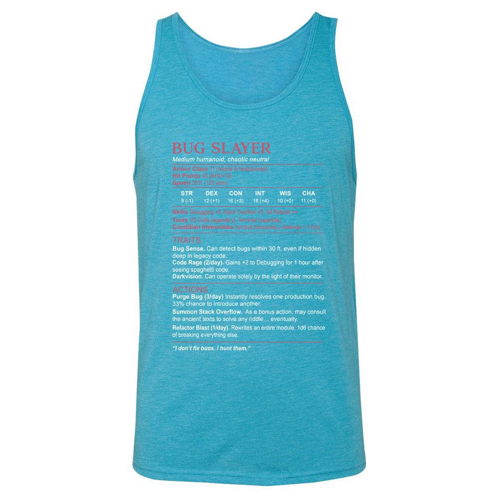 Software Engineer Stats (Bug Slayer) Unisex Jersey Tank - Aqua Triblend - 3