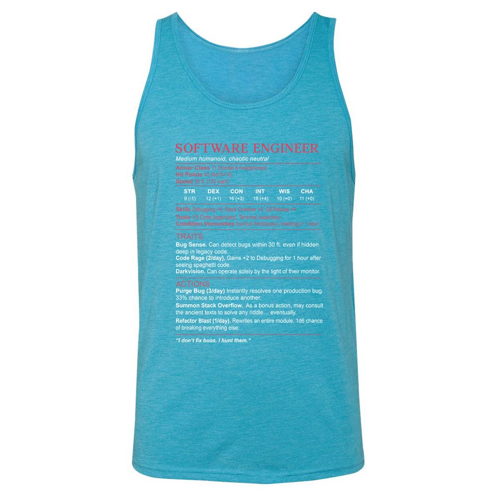 Software Engineer Stats Unisex Jersey Tank - Aqua Triblend - 3