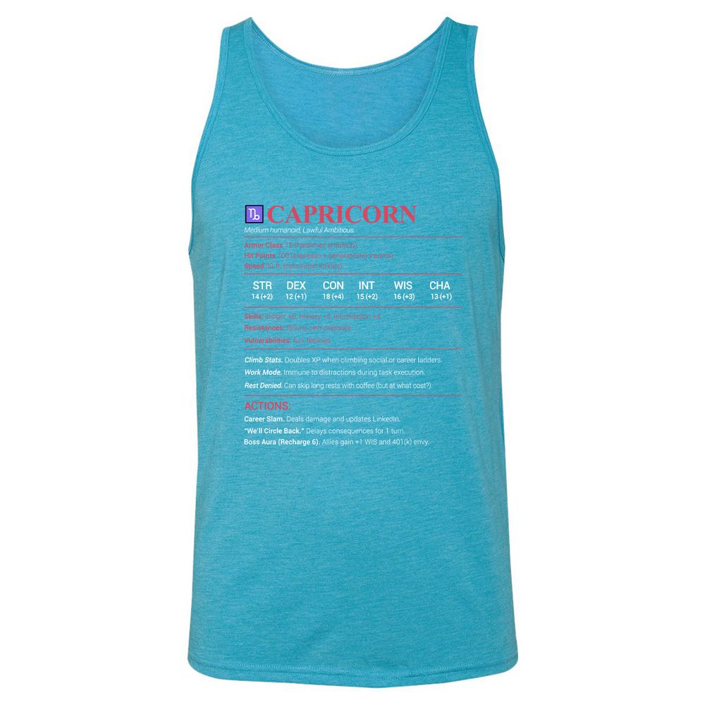 Capricorn Stats Unisex Jersey Tank - Aqua Triblend - 3