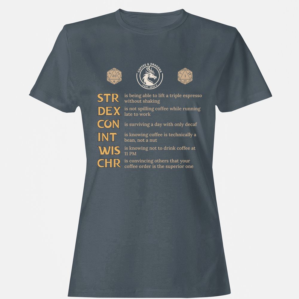 Coffee & Dragons RPG Stats Women's T-Shirt - Charcoal - 3