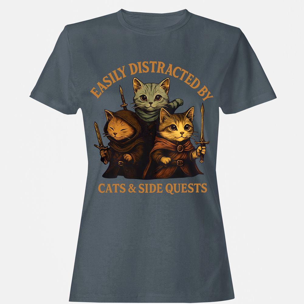 Easily Distracted By Cats & Side Quests Women's T-Shirt - Charcoal - 3