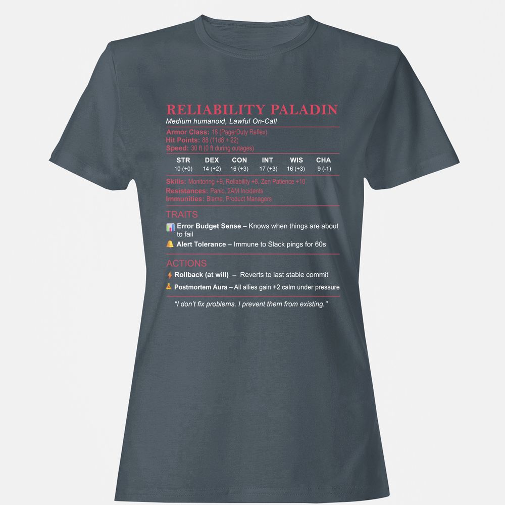 SRE Stats (Reliability Paladin) Women's T-Shirt - Charcoal - 3