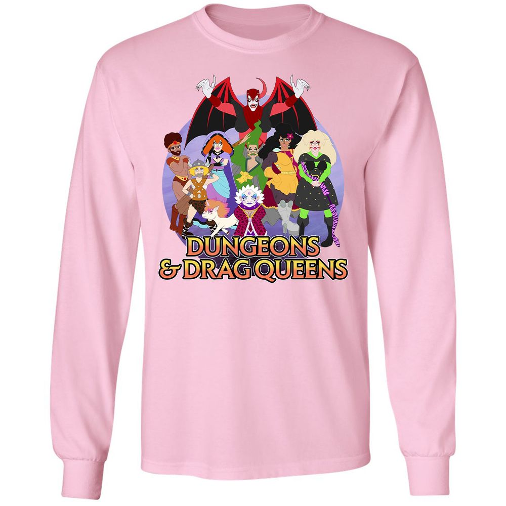 Dungeons n Drag Queens Cartoon Long Sleeve T-Shirt - Light Pink - 3