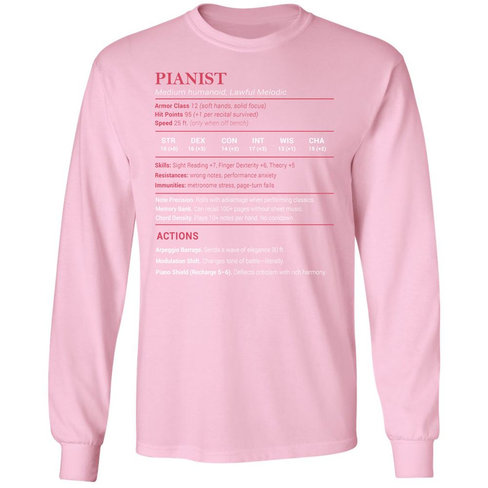 Pianist Stats Long Sleeve T-Shirt - Light Pink - 3