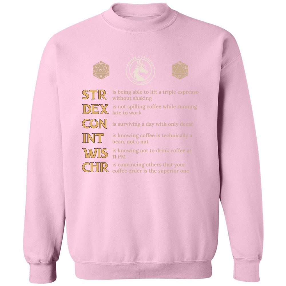 Coffee & Dragons RPG Stats Classic Unisex Sweatshirt - Light Pink - 3