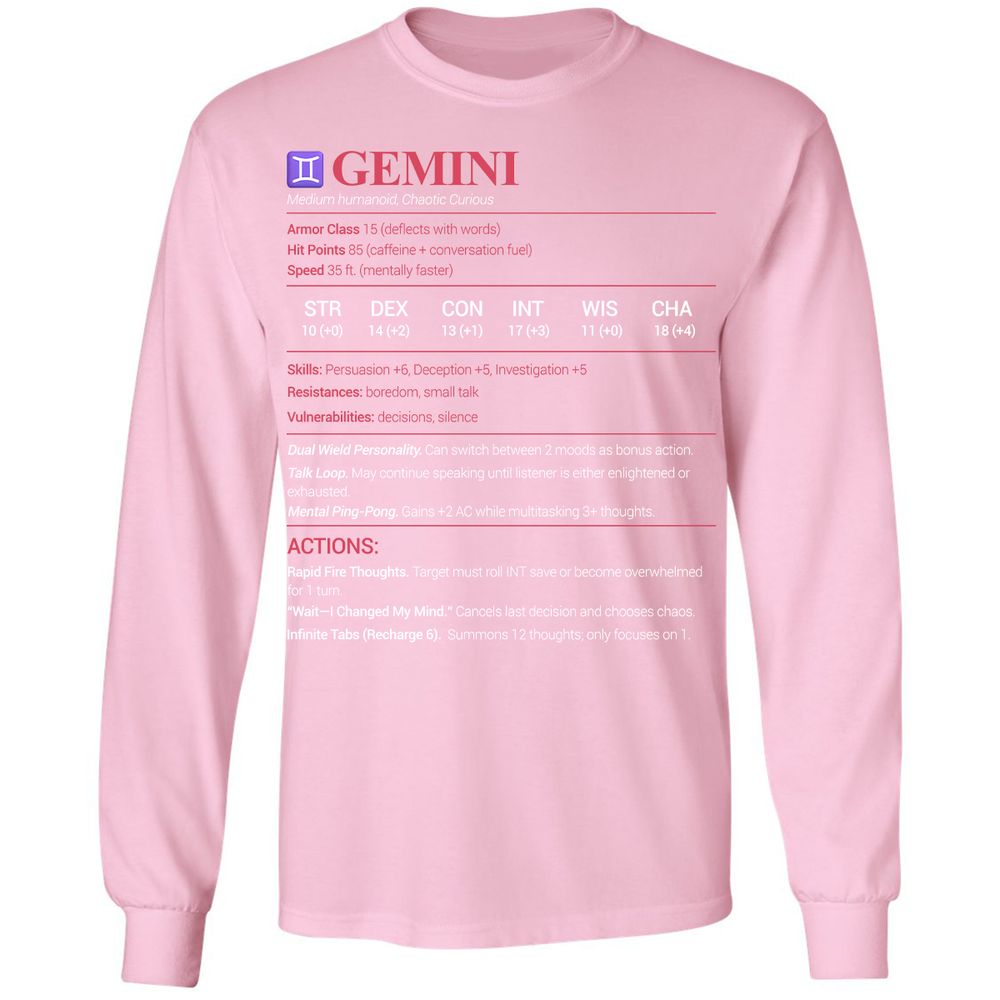 Gemini Stats Long Sleeve T-Shirt - Light Pink - 3