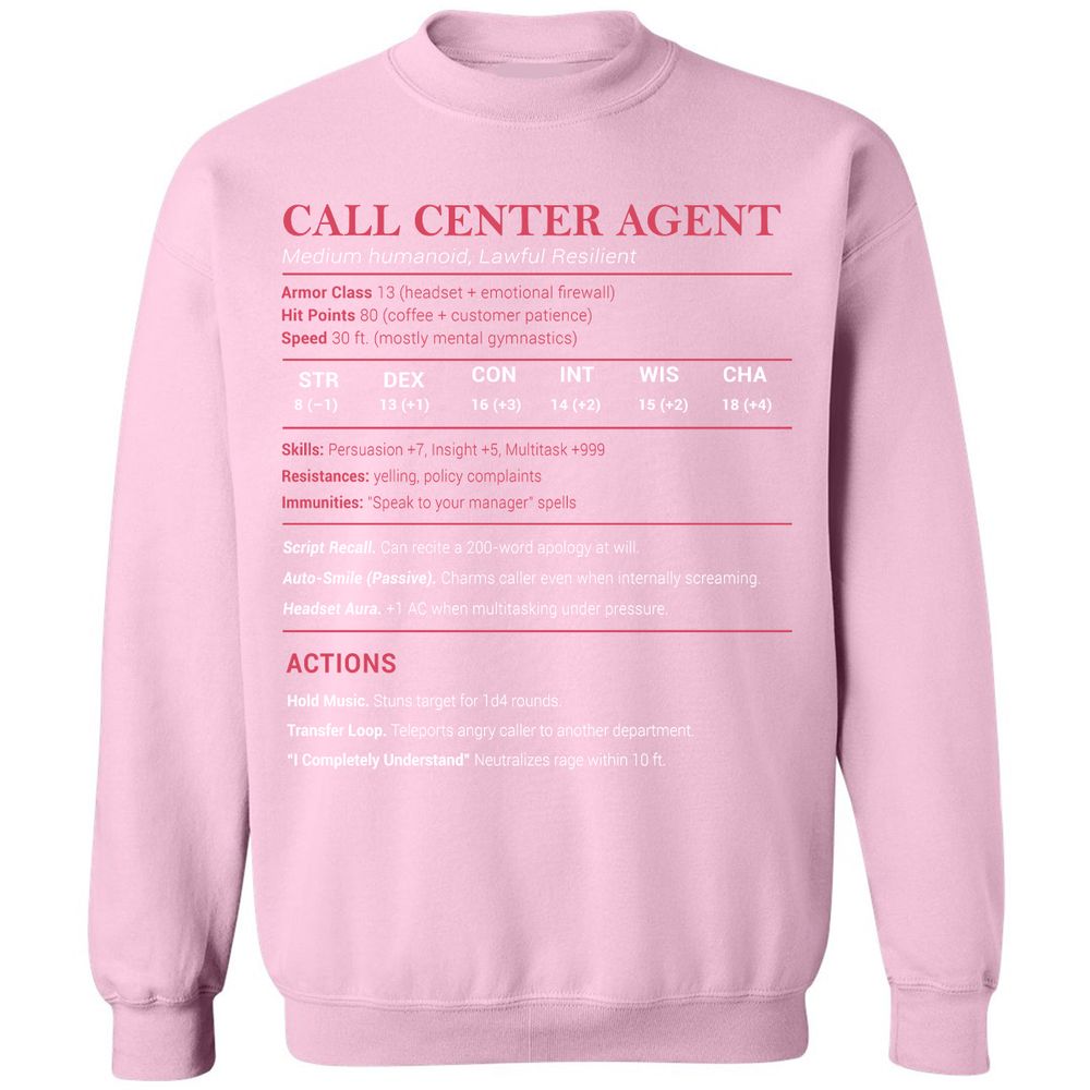 Call Center Agent Stats Classic Unisex Sweatshirt - Light Pink - 3