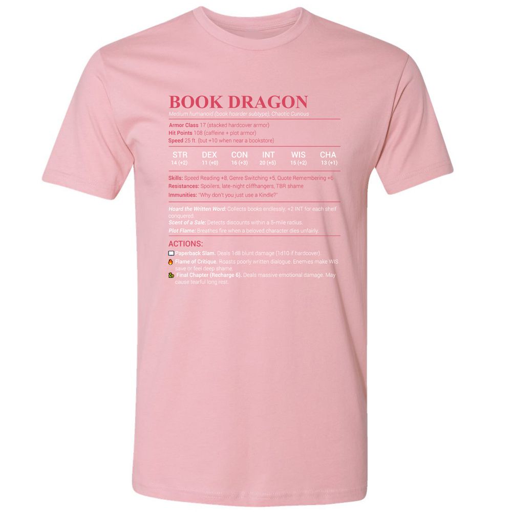 Book Dragon Stats Premium Unisex T-Shirt - Light Pink - 3