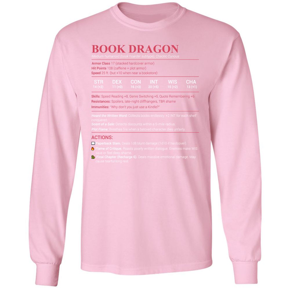 Book Dragon Stats Long Sleeve T-Shirt - Light Pink - 3