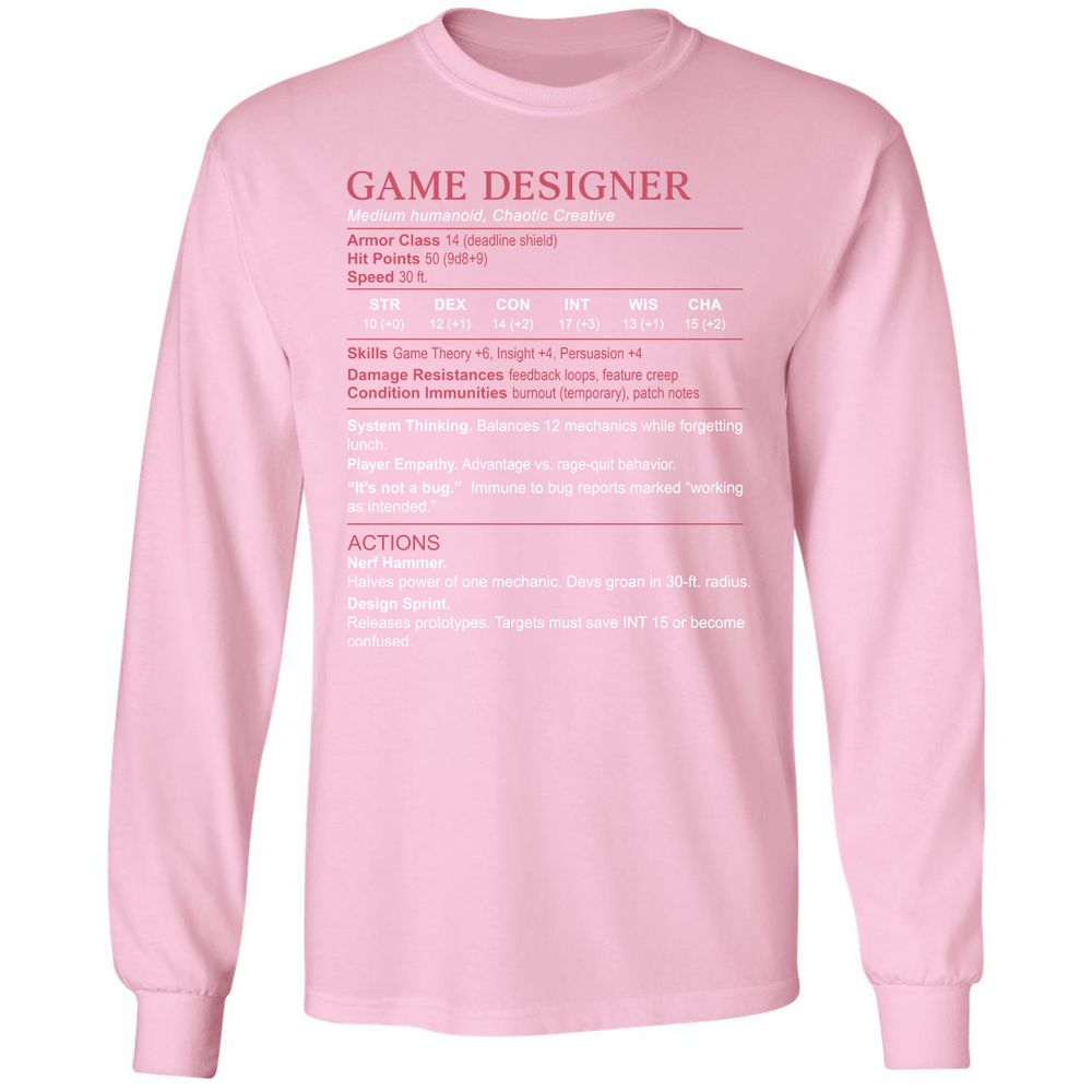 Game Designer Stats Long Sleeve T-Shirt - Light Pink - 3