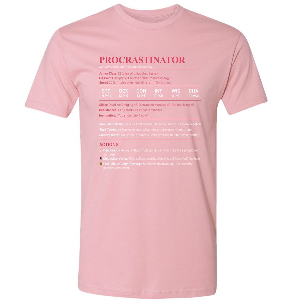 Procrastinator Stats Premium Unisex T-Shirt - Light Pink - 3