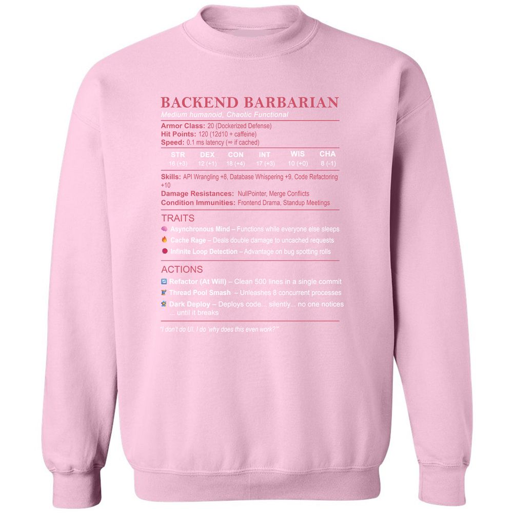 Backend Barbarian Stats Classic Unisex Sweatshirt - Light Pink - 3