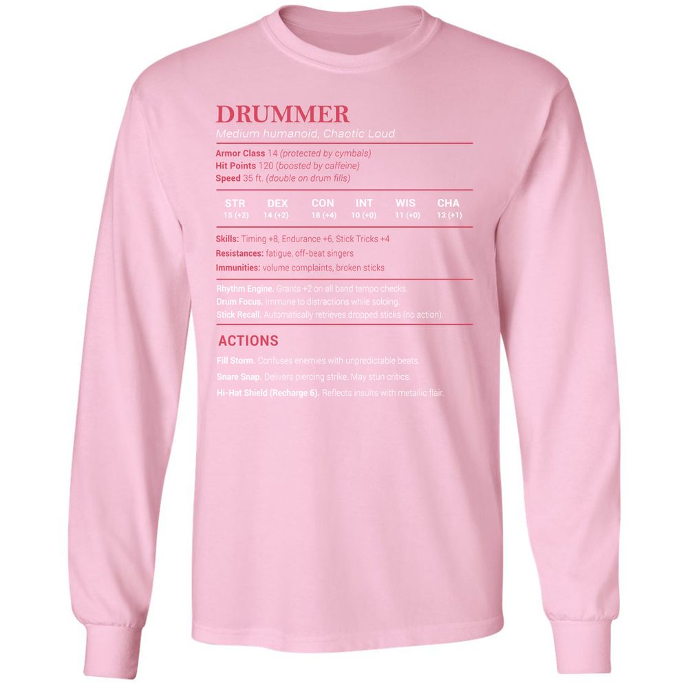Drummer Stats Long Sleeve T-Shirt - Light Pink - 3