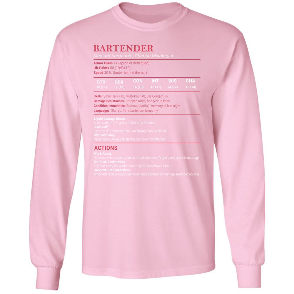 Bartender Stats Long Sleeve T-Shirt - Light Pink - 3