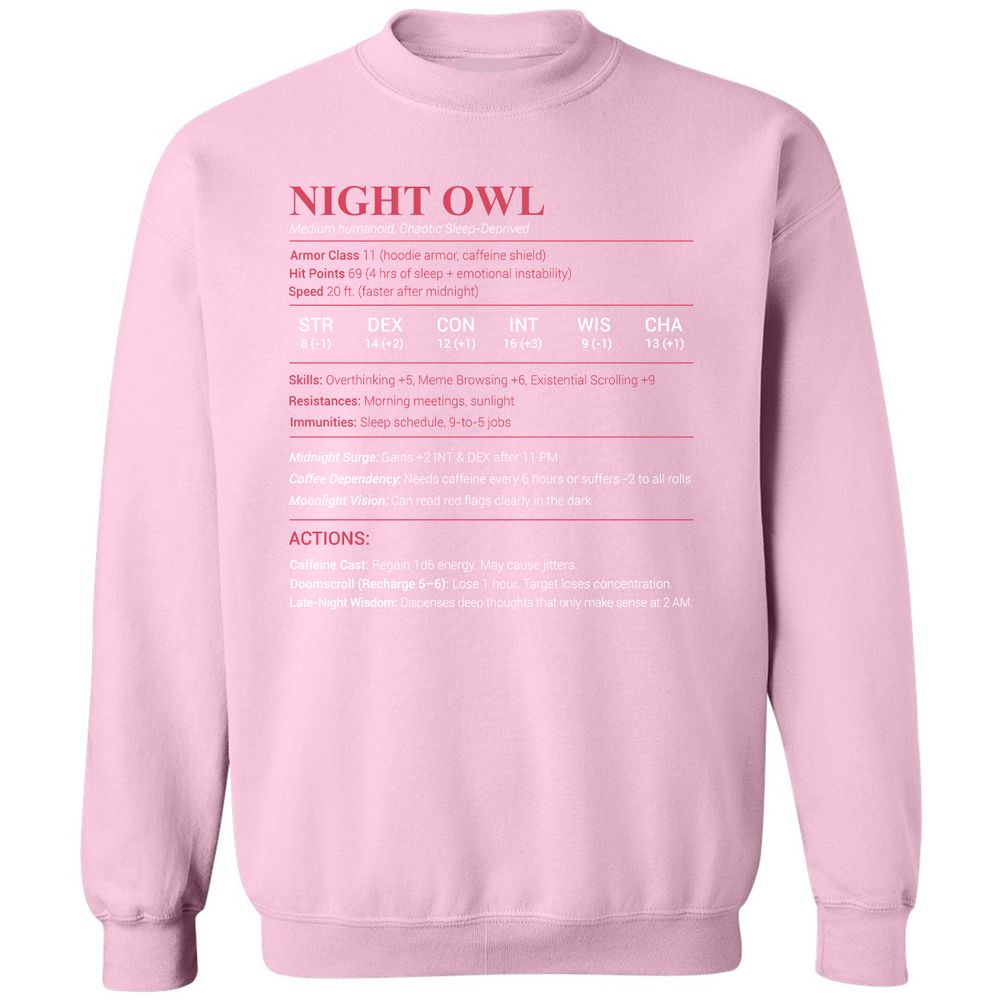 Night Owl Stats Classic Unisex Sweatshirt - Light Pink - 3