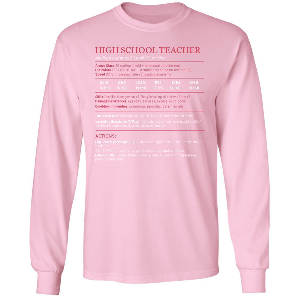 High School Teacher Stats Long Sleeve T-Shirt - Light Pink - 3