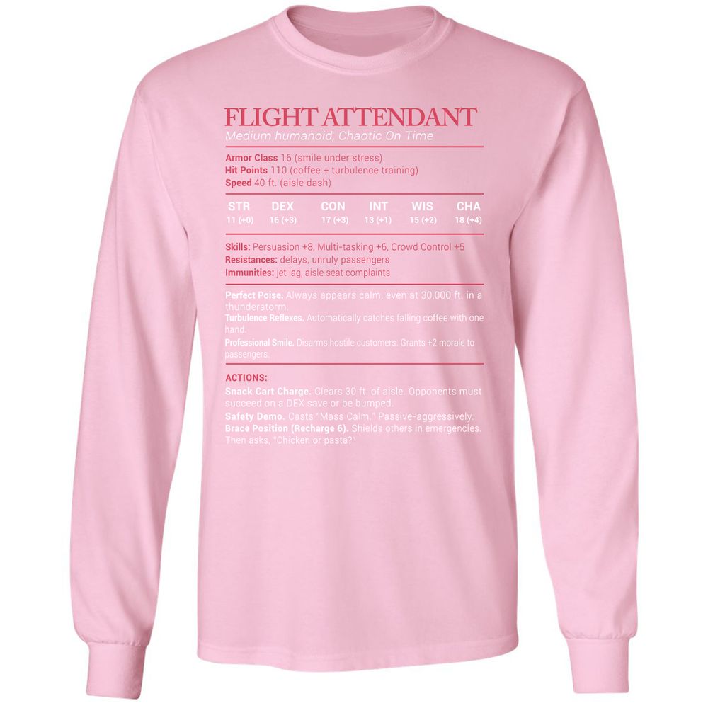 Flight Attendant Stats Long Sleeve T-Shirt - Light Pink - 3
