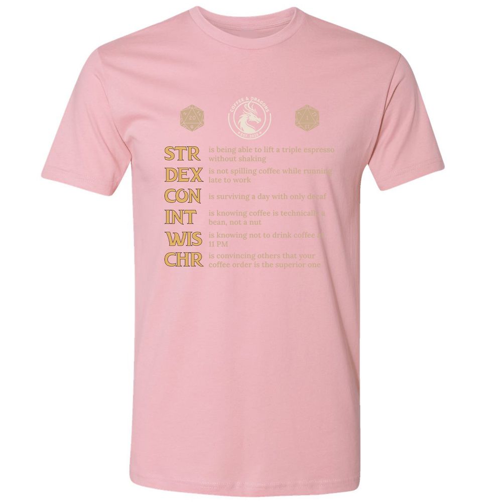 Coffee & Dragons RPG Stats Premium Unisex T-Shirt - Light Pink - 3