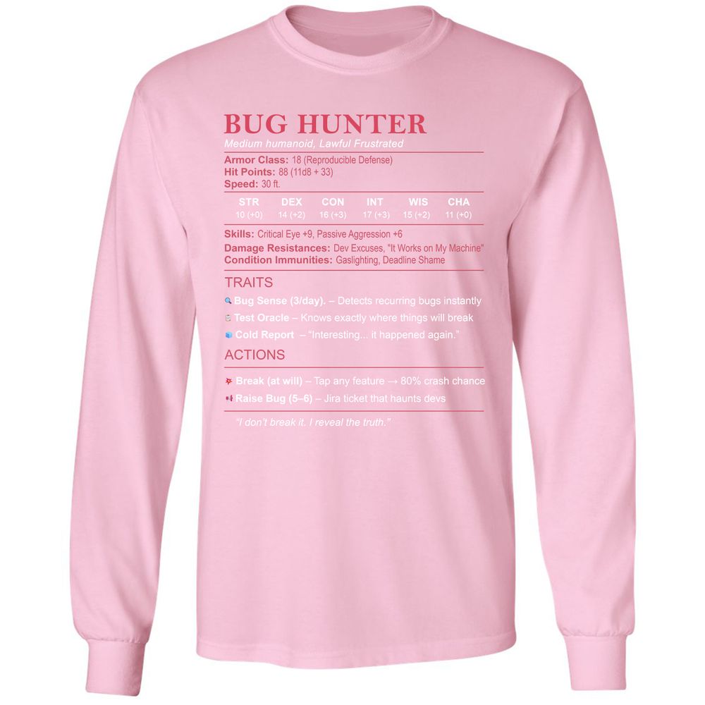 Tester Stats (Bug Hunter) Long Sleeve T-Shirt - Light Pink - 3