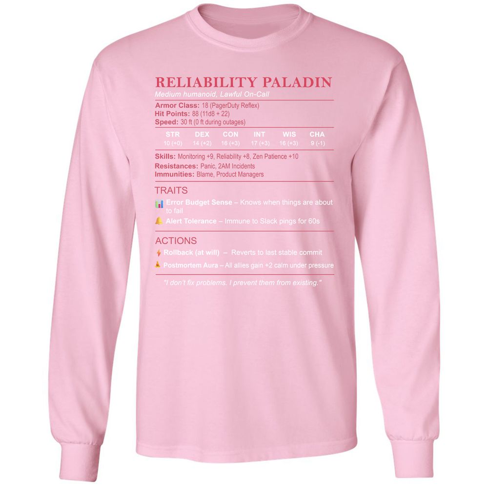 SRE Stats (Reliability Paladin) Long Sleeve T-Shirt - Light Pink - 3