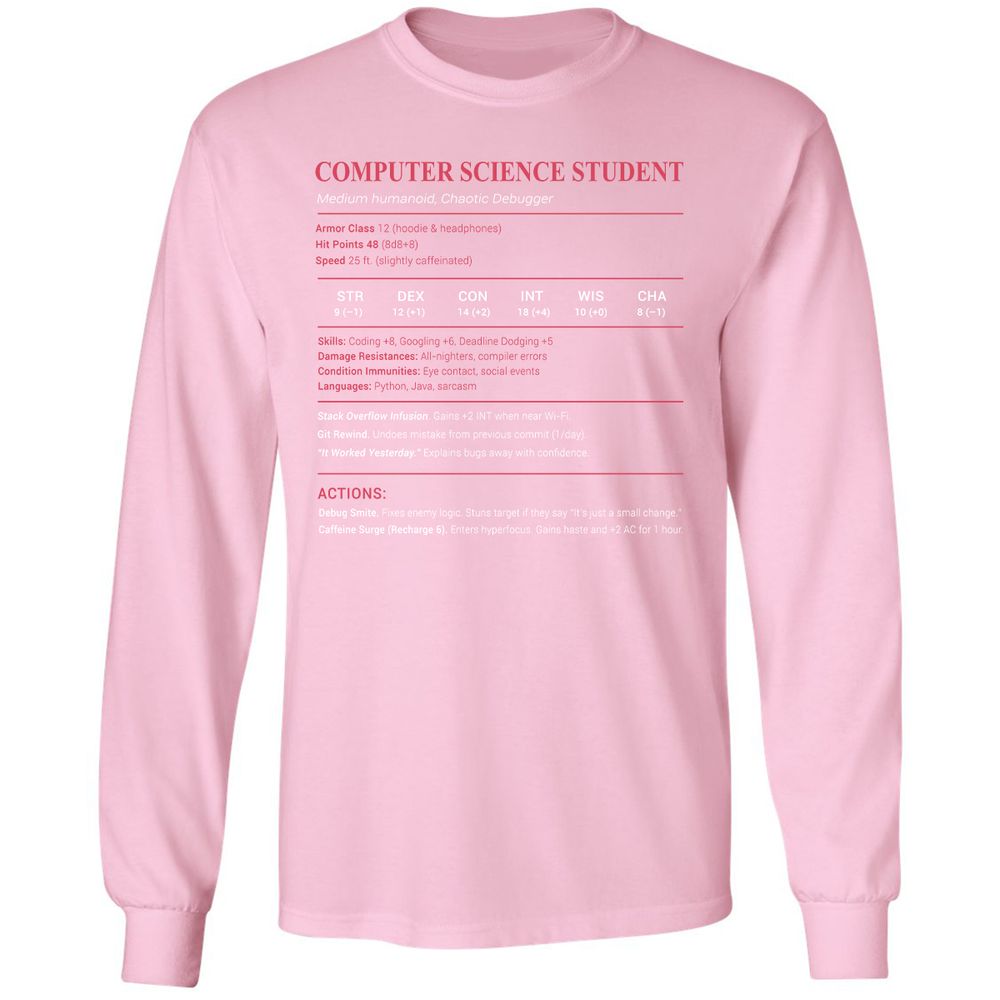 Computer Science Student Long Sleeve T-Shirt - Light Pink - 3