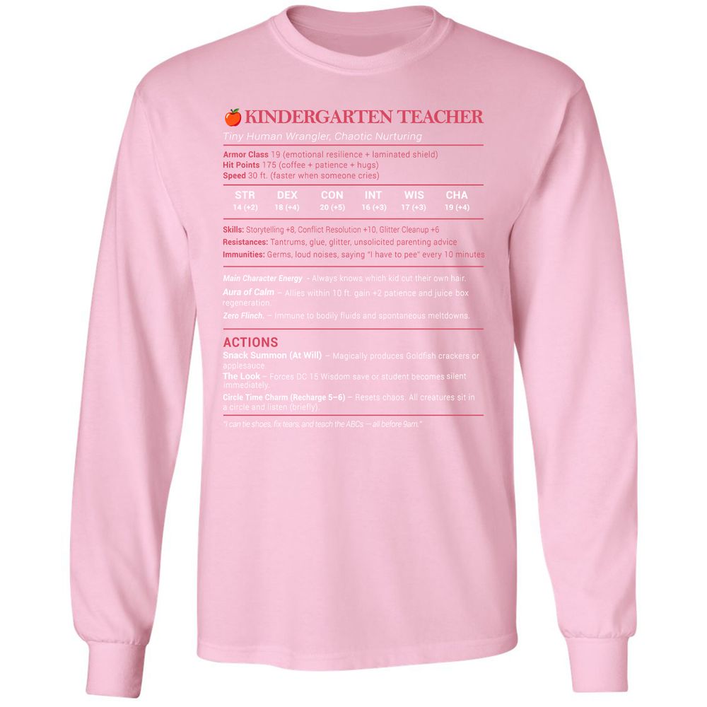 Kindergarten Teacher Stats Long Sleeve T-Shirt - Light Pink - 3