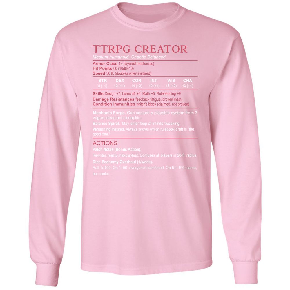 TTRPG Creator Stats Long Sleeve T-Shirt - Light Pink - 3