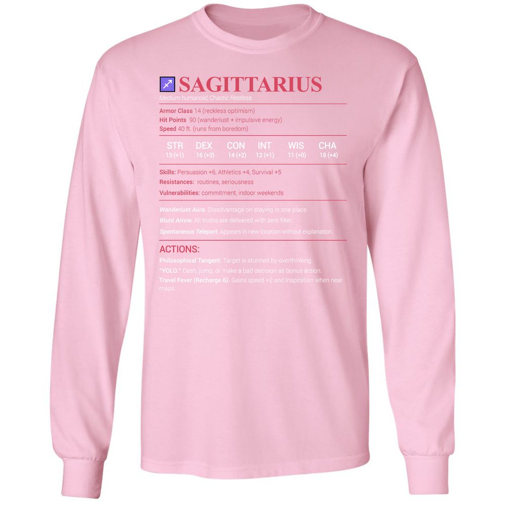 Sagittarius Stats Long Sleeve T-Shirt - Light Pink - 3