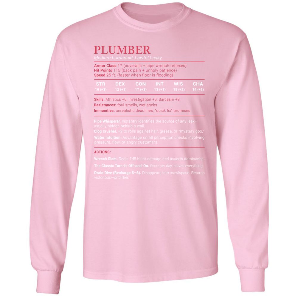 Plumber Stats Long Sleeve T-Shirt - Light Pink - 3