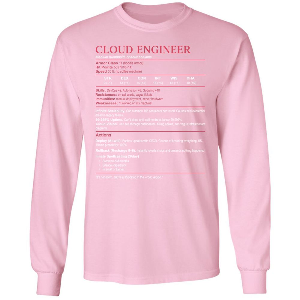 Cloud Engineer Stats Long Sleeve T-Shirt - Light Pink - 3